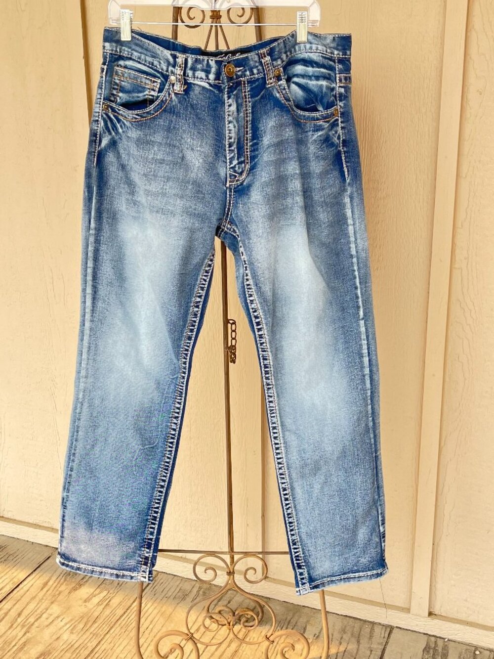 True Luck Mens Jeans Thick Stitch Denim Faded Wash Straight Leg Everyday 36x30